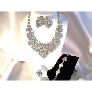 Silver 4pc AB rhinestone necklace set wedding MOB prom party formal necklace set